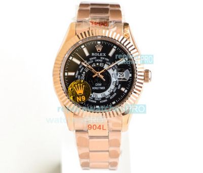 N9 Factory Rolex Sky Dweller Rose Gold Replica Watch Black Face 42mm